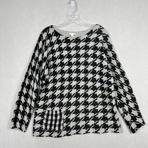 J. Jill Top Size Medium Petite Gray Houndstooth Long Sleeve Sweater Tunic - Picture 2 of 11